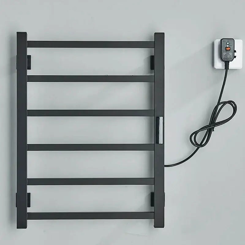 Modern black electric towel warmer with matte finish five bars and plugged power cord for bathroom use