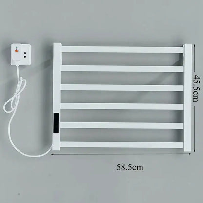 Modern white electric towel warmer with six horizontal bars and matching wall-mounted power adapter for bathroom use