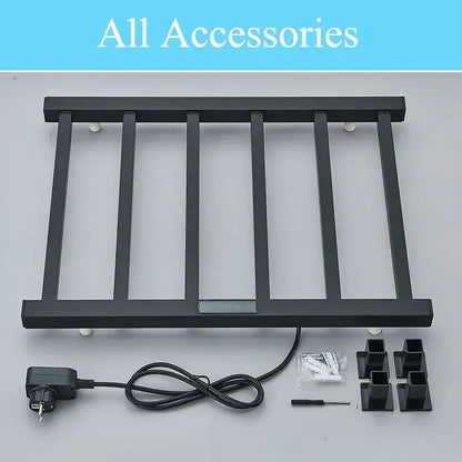 Modern black electric towel warmer with radiator-style metal design wall brackets and power cord for bathroom use