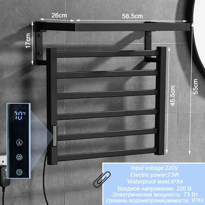 Modern black electric towel warmer with matte finish shelf and digital temperature control for bathroom use