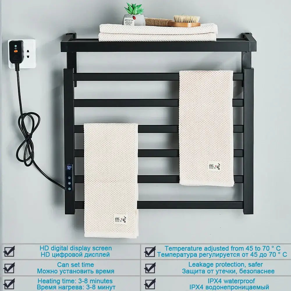 Modern black electric towel warmer with horizontal heating bars and digital display panel for bathroom control