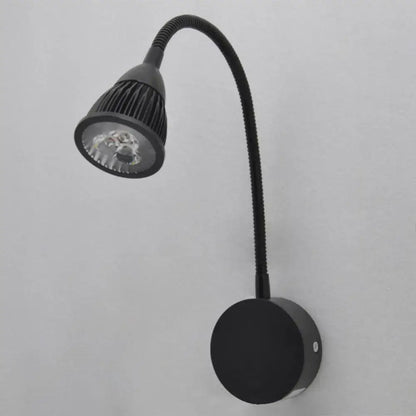 Black finish metal shade wall lamp with flexible gooseneck and ribbed led head for warm white bedroom lighting