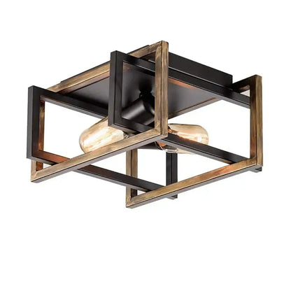 Modern black geometric ceiling chandelier with dark matte black metal and rustic wood housing two edison bulbs decorbites black modern