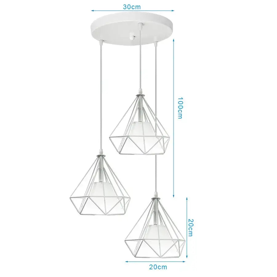White geometric pendant lights trio with three diamond-shaped shades modern design for kitchen lighting