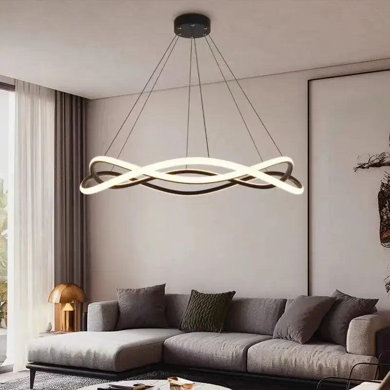 Modern black geometric led ring chandelier with sleek white and black illuminated bands for dining room decorbites black geometric lighting