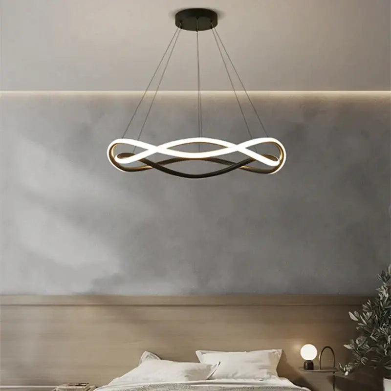 Modern black geometric led ring chandelier with sleek black and white infinity loop design for dining room decorbites black geometric