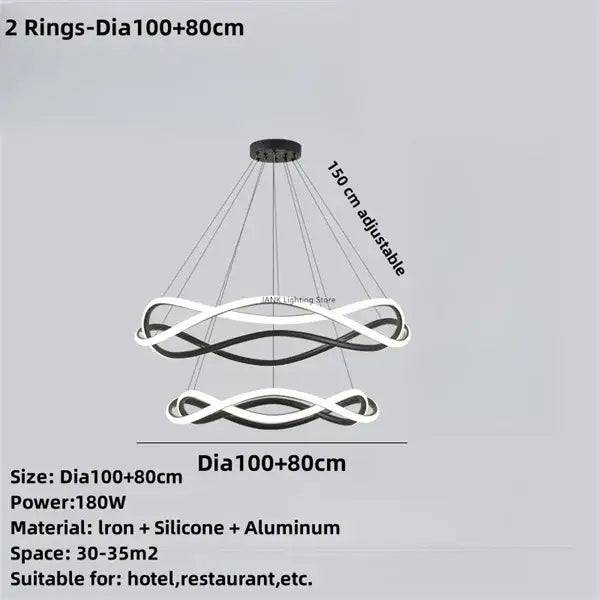 Modern black geometric led ring chandelier featuring interlocking black and white iron silicone aluminum rings
