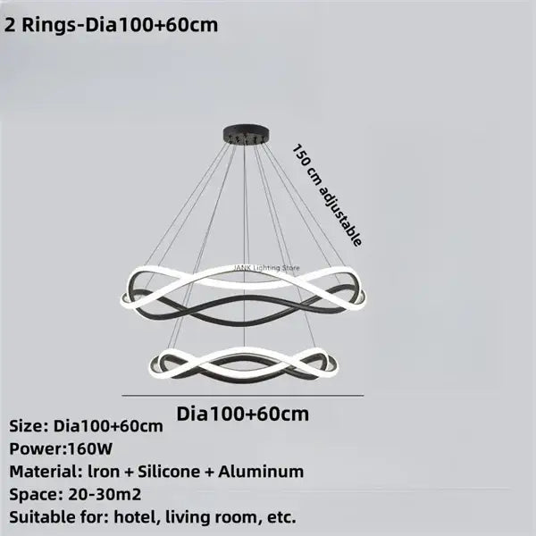 Modern two-tiered decorbites black geometric led ring chandelier with interlocking black and white iron silicone aluminum rings