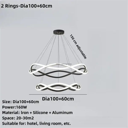 Modern two-tiered decorbites black geometric led ring chandelier with interlocking black and white iron silicone aluminum rings