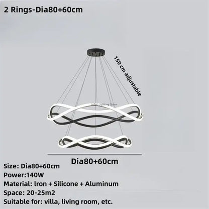 Modern black geometric led ring chandelier with dual intertwined rings made of iron silicone and aluminum for dining room decorbites black geometric