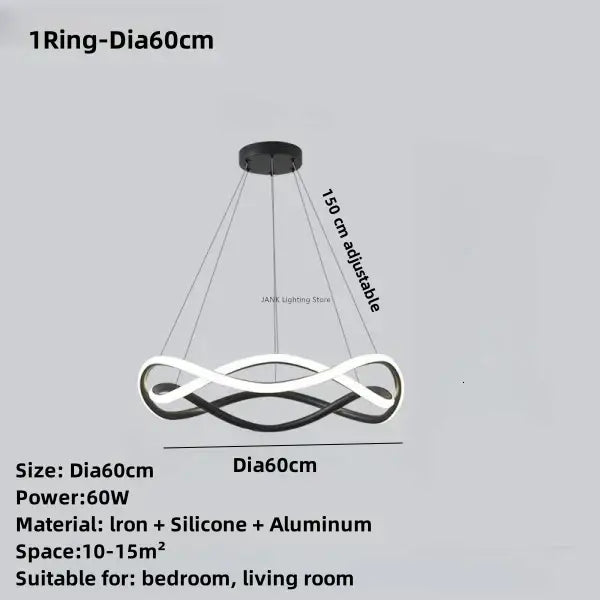 Modern black geometric led ring chandelier with infinity-loop design in iron silicone and aluminum for dining room decorbites black geometric lighting