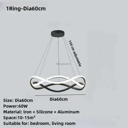 Modern black geometric led ring chandelier with infinity-loop design in iron silicone and aluminum for dining room decorbites black geometric lighting