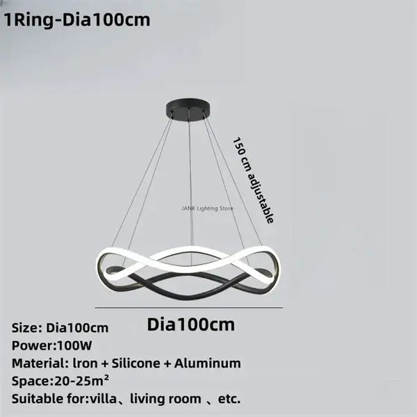 Modern black geometric led ring chandelier with white and black infinity-loop pendant light made from iron silicone aluminum