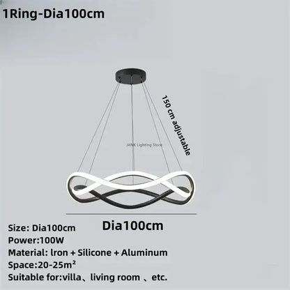 Modern black geometric led ring chandelier with white and black infinity-loop pendant light made from iron silicone aluminum
