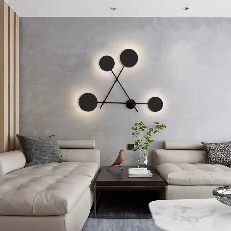 Modern black geometric led wall lamp with circular sconce and tripod frame for living room wall lamp lighting