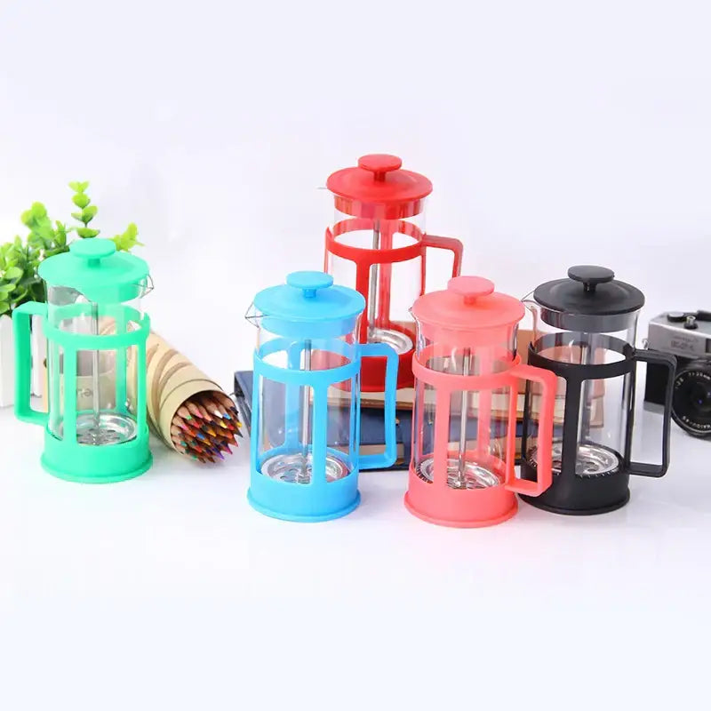 Colorful french press coffee makers with transparent glass and vibrant silicone handles in green, blue, red, pink, and black for 350ml plastic coffee french press use