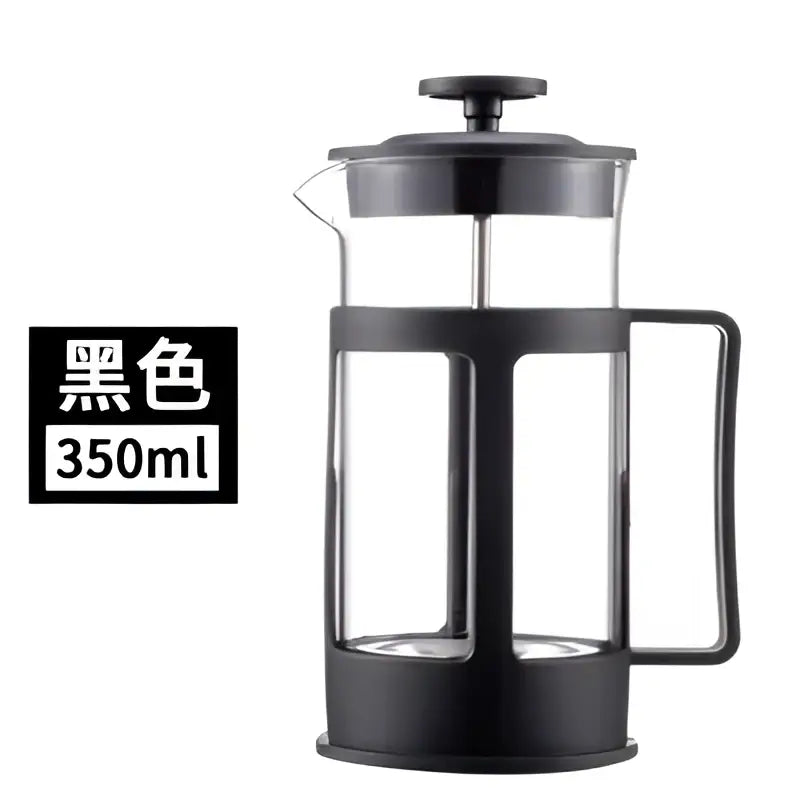 Modern black glass 350ml plastic coffee french press with glass carafe and black plastic handle lid and base for kitchen use