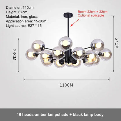 Modern black iron ball led chandelier with 16 amber glass globe lampshades perfect for dining room decorbites glass ball
