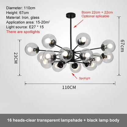 Modern black iron dining room pendant light with 16 clear glass globes decorbites glass ball led chandelier