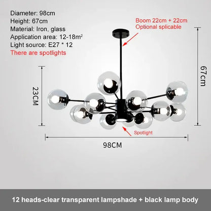 Modern black iron ball led chandelier with 12 clear glass globe lampshades for dining room decorbites glass ball lighting