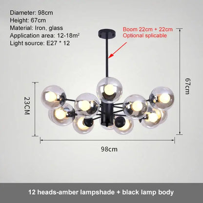 Modern black glass ball led chandelier with twelve amber glass lampshades for dining room pendant light decorbites glass ball