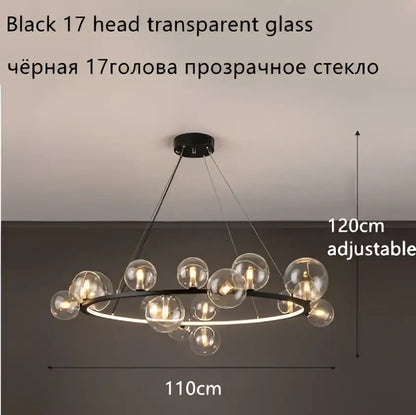 Modern black glass ball led chandelier with 17 heads and adjustable height for dining room lighting