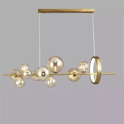 Modern black glass ball led chandelier with gold-toned horizontal bar and glass spheres for dining room lighting