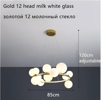 Gold-toned ball led chandelier with twelve milk white glass ball globe lights for modern dining room lighting