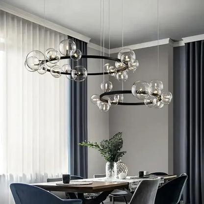 Modern black metal ball led chandelier with clear glass ball bulbs for dining room lighting