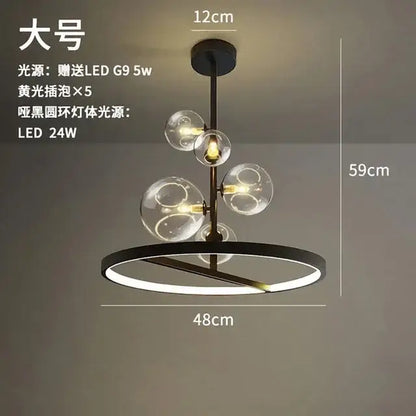 Modern black glass ball led chandelier with five clear glass globe bulbs and circular led ring base for dining room