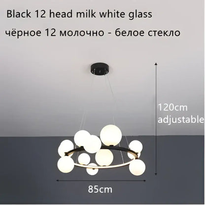 Modern black metal ball led chandelier with twelve milk white glass balls arranged in a circular pattern for dining room