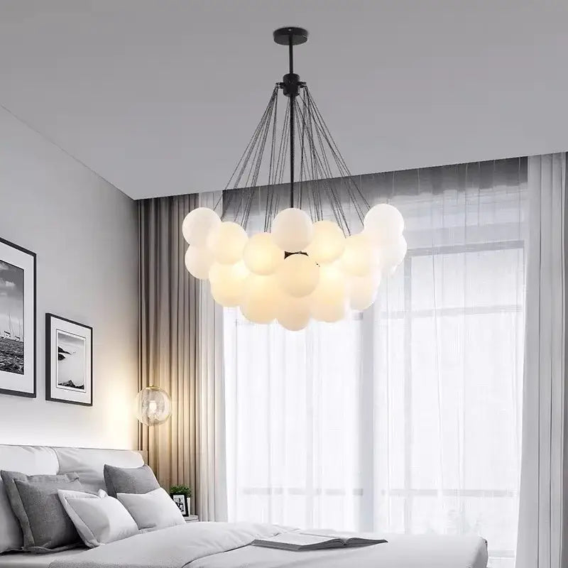 Modern black metal frame ball led chandelier with frosted glass globes for living room decorbites glass ball light