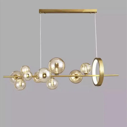 Modern black glass ball pendant lamps chandelier with gold-toned horizontal bar, glass spheres, and integrated ring light