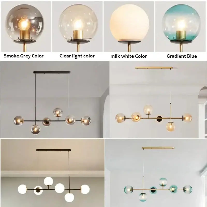 Modern black glass ball pendant light features spherical smoke grey clear milk white and gradient blue shades with brass fixtures
