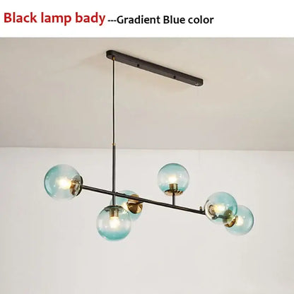 Modern black metal pendant light with five translucent gradient blue glass spheres for living room decorbites chandelier