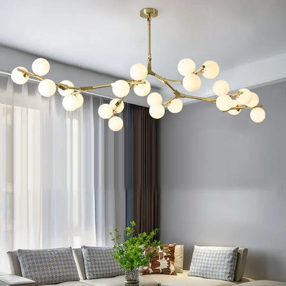 Gold-toned branch-style balls led chandelier with frosted glass globe bulbs for modern decorbites glass balls lighting