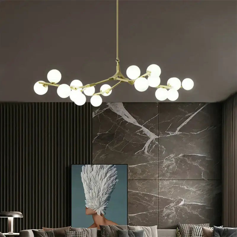 Modern black glass balls led chandelier with gold-toned branching design and multiple white glass balls for living room decorbites glass balls