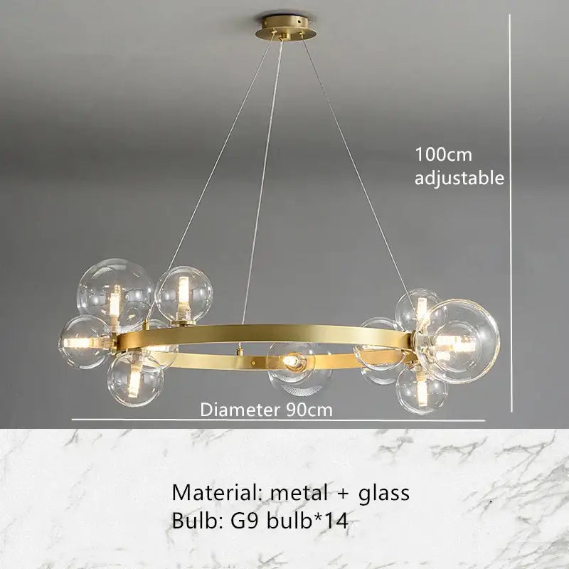 Modern black glass bubble chandelier with gold-toned circular metal frame and 14 clear glass bubble bulbs decorbites clear glass