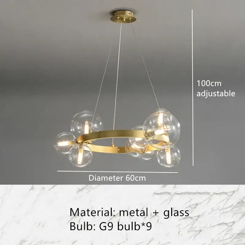 Modern black glass bubble chandelier with gold-toned circular metal frame and nine clear glass bubble bulbs decorbites clear glass