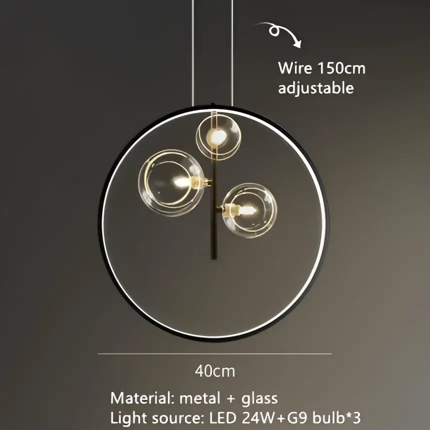 Modern black glass bubble chandelier with three clear glass bubble globes in a sleek metal frame for dining room decorbites clear glass
