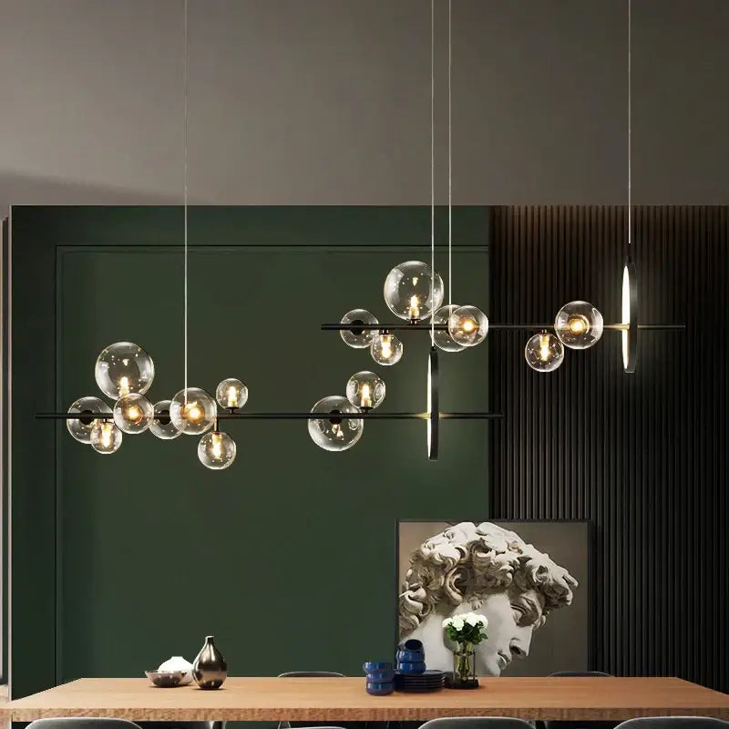 Modern black glass bubble chandelier with sleek metal frames for dining room decorbites glass bubble lighting