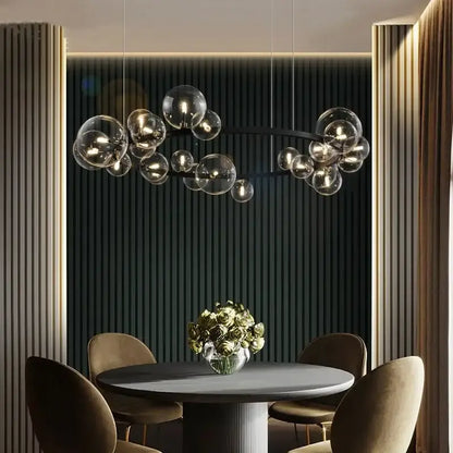 Modern black glass bubble led ceiling chandelier with sleek frame and warm glowing bulbs for dining room decorbites glass bubble