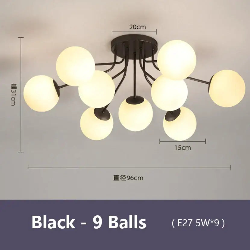 Modern black glass bubble led ceiling light with nine glowing spherical bulbs for living room decorbites ceiling light