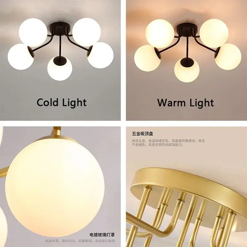 Modern black metal ceiling light with five frosted glass bubble led shades in cold or warm light decorbites glass bubble