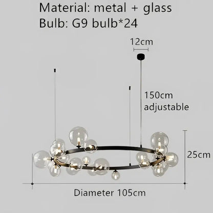 Modern black metal circular pendant light fixture with 24 clear glass globe bulbs for dining room illumination