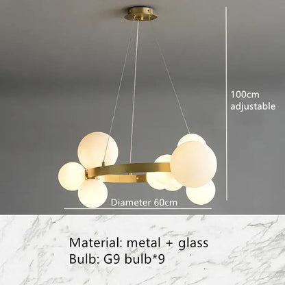 Modern gold-toned metal pendant light fixture with frosted glass globe bulbs in a circular cluster design for dining room