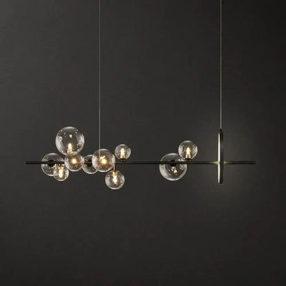 Modern black metal chandelier with clear glass globe bulbs and minimalist design for dining table lighting