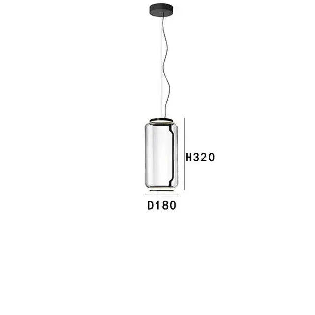 Modern black glass led pendant light with clear cylindrical glass and black metal ceiling mount for dining room use