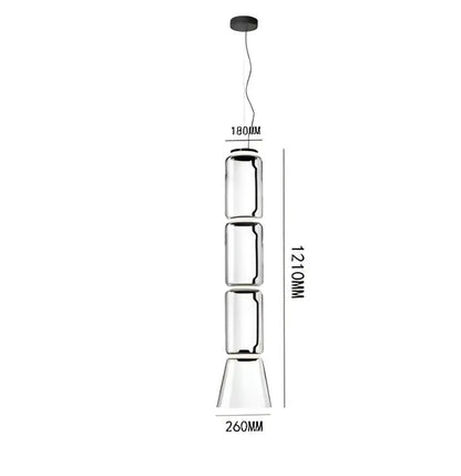 Modern black glass led pendant light featuring a clear glass led pendant with three stacked cylindrical segments for dining room