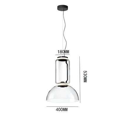 Modern black glass led pendant light with sleek chrome cylindrical body and transparent dome for dining room lighting